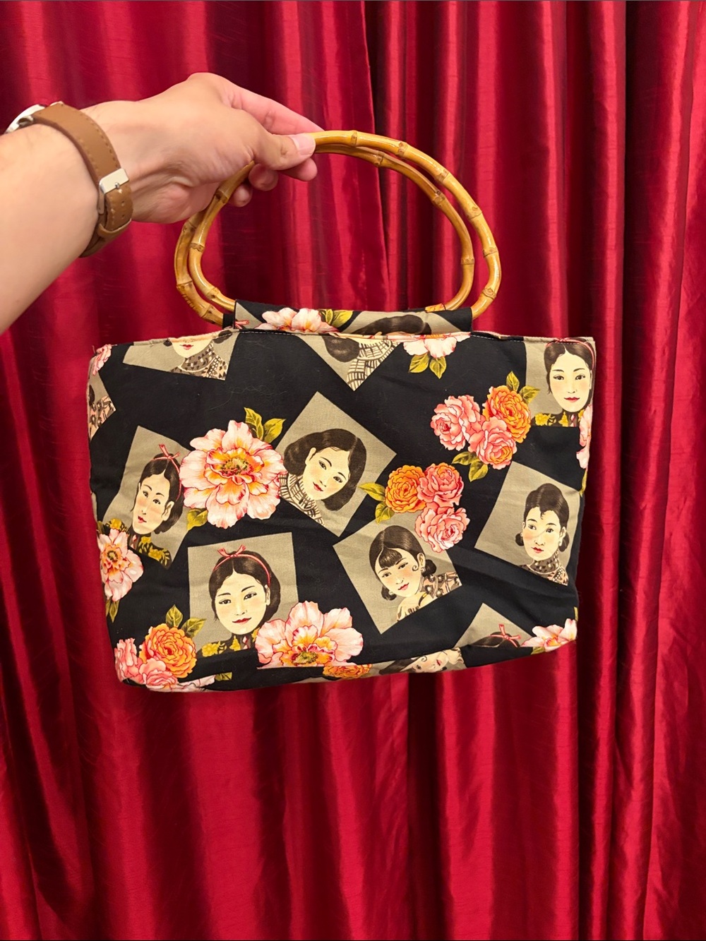 Black Floral Portrait Canvas Tote with Bamboo Handles